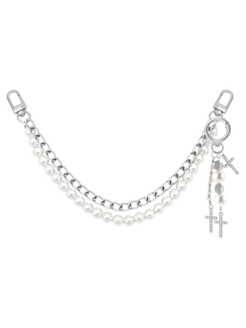 Faux Pearl Purse Chain 12.5" Silver Bag Handle Strap Extender Cross Keychain